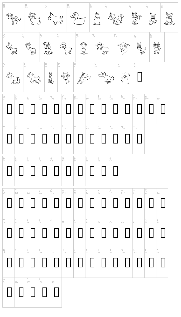 KR Barnyard Scraps font map